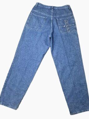 BOSS Vintage Y2K Blue Denim Jeans Mens 34x34 100% Cotton Unique seam BOSS pocket